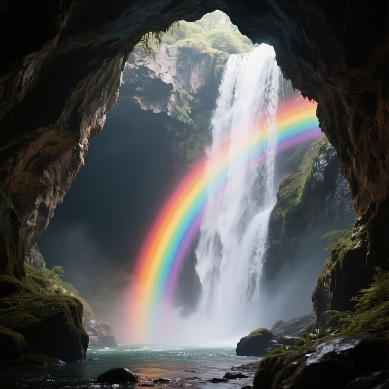 A Rainbow Forming Inside A Cave Waterfall.