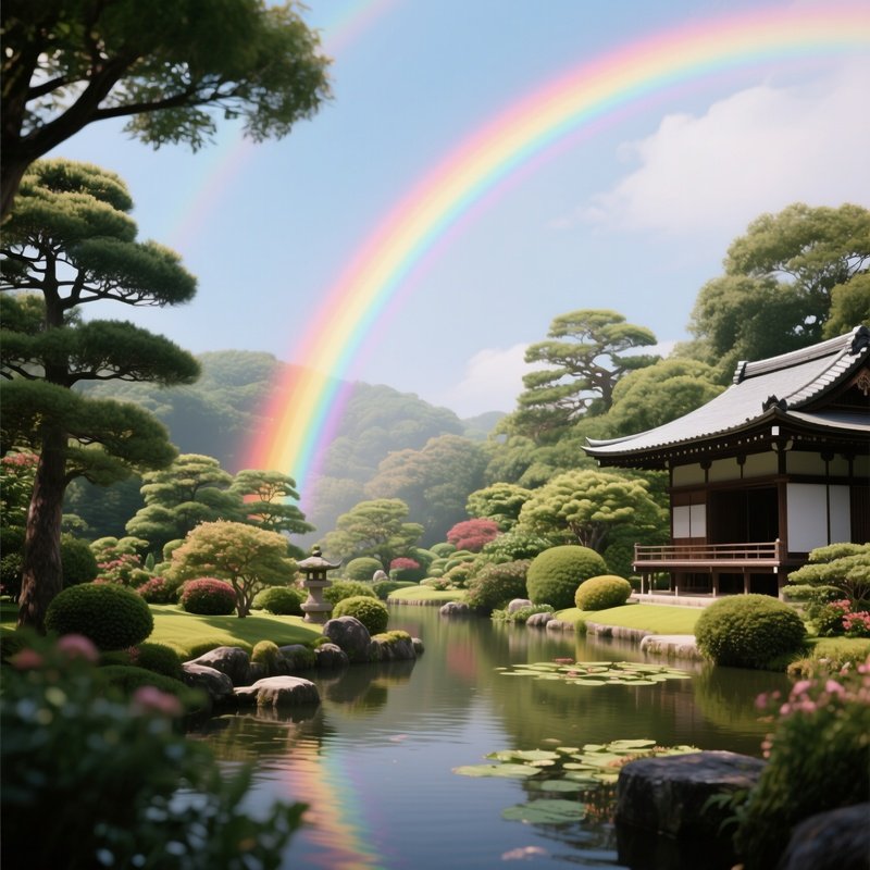 A Rainbow Forming Over A Peaceful Japanese Garden