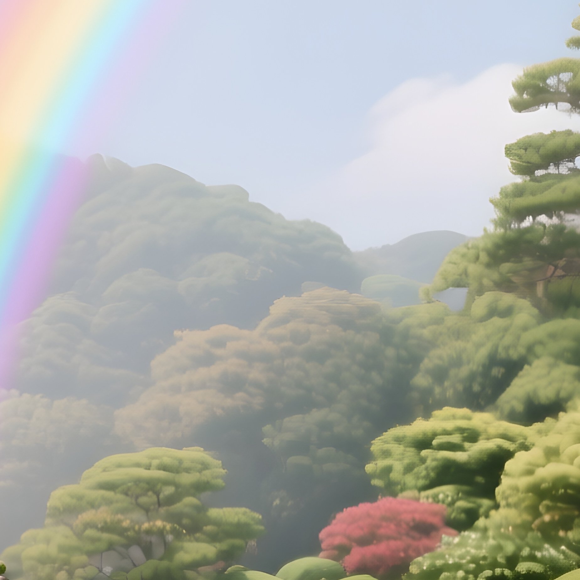 A Rainbow Forming Over A Peaceful Japanese Garden - Full Resolution Quality Preview