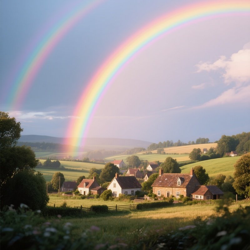 A Rainbow Glowing Above A Peaceful Countryside Village