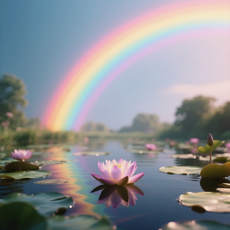 A Rainbow Glowing Above A Tranquil Lotus Pond