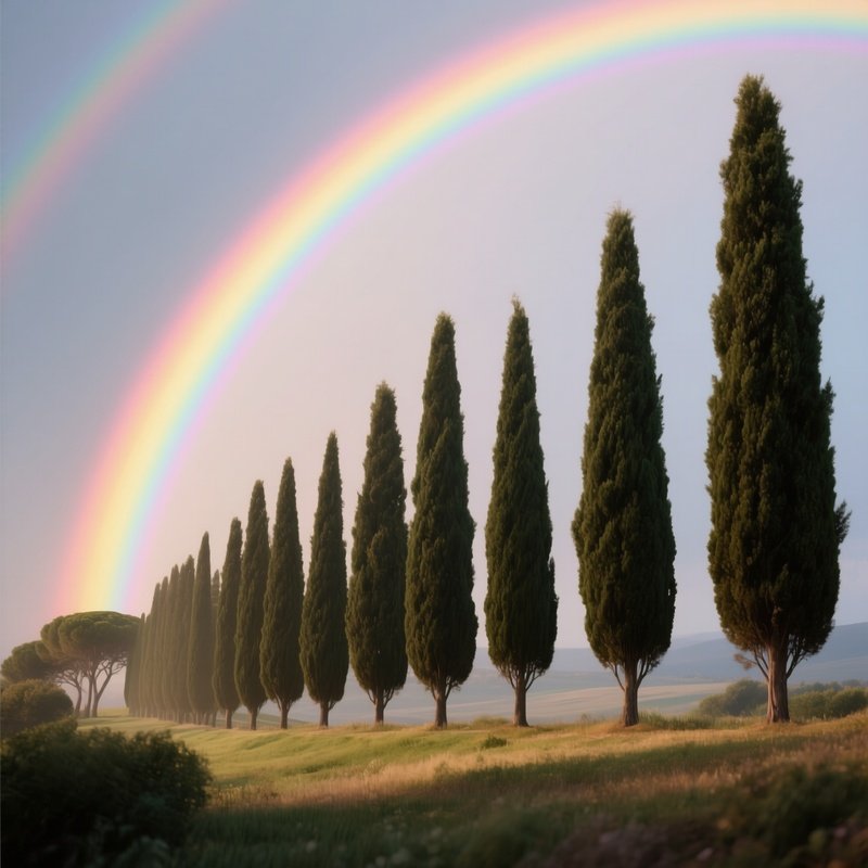 A Rainbow Glowing Behind A Row Of Tall Cypress Trees