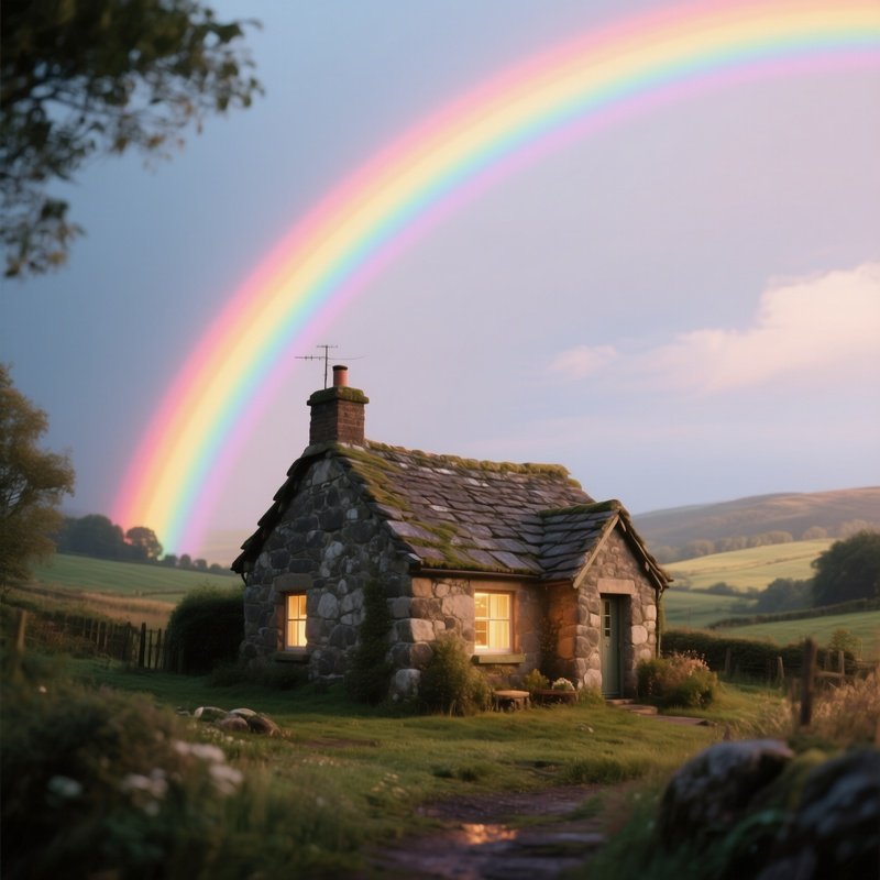 A Rainbow Glowing Behind A Small Stone Cottage In The Countryside