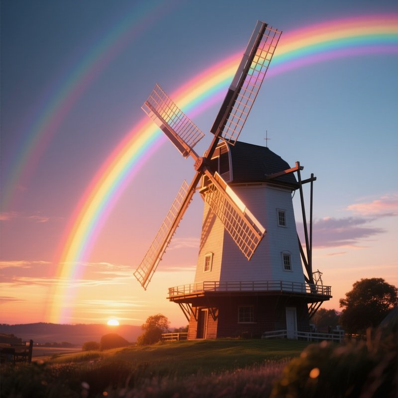 A Rainbow Glowing Behind A Windmill In Sunset Light