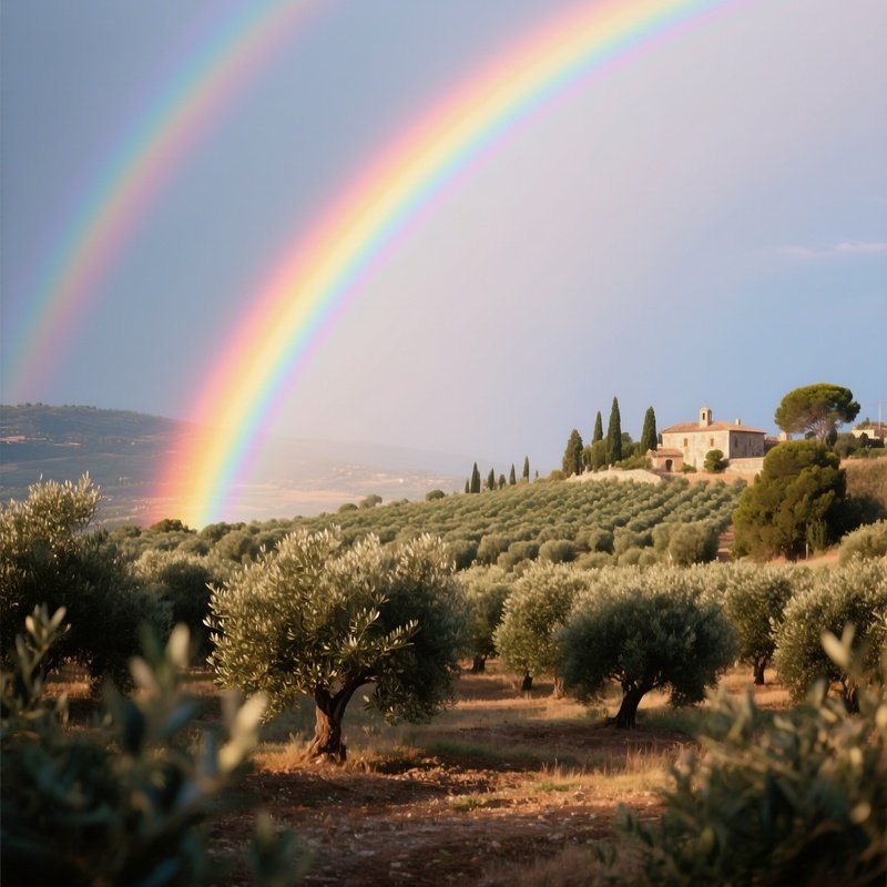 A Rainbow Glowing Behind Mediterranean Olive Groves
