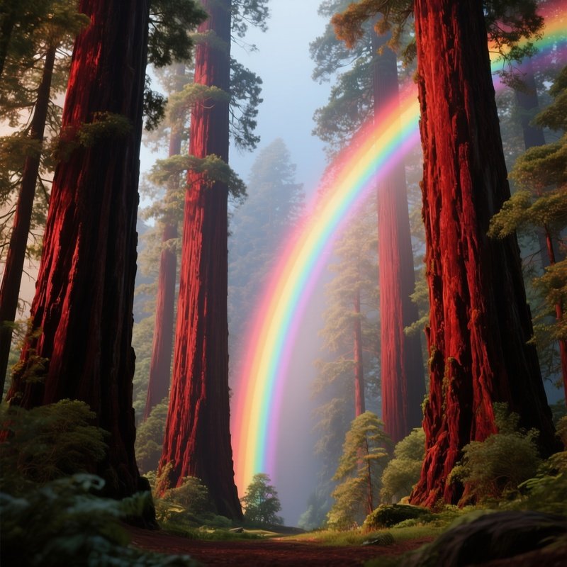 A Rainbow Glowing Behind Towering Redwood Trees