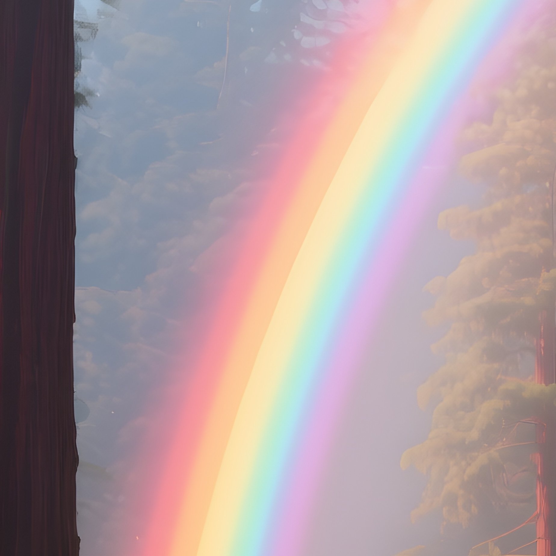 A Rainbow Glowing Behind Towering Redwood Trees - Full Resolution Quality Preview