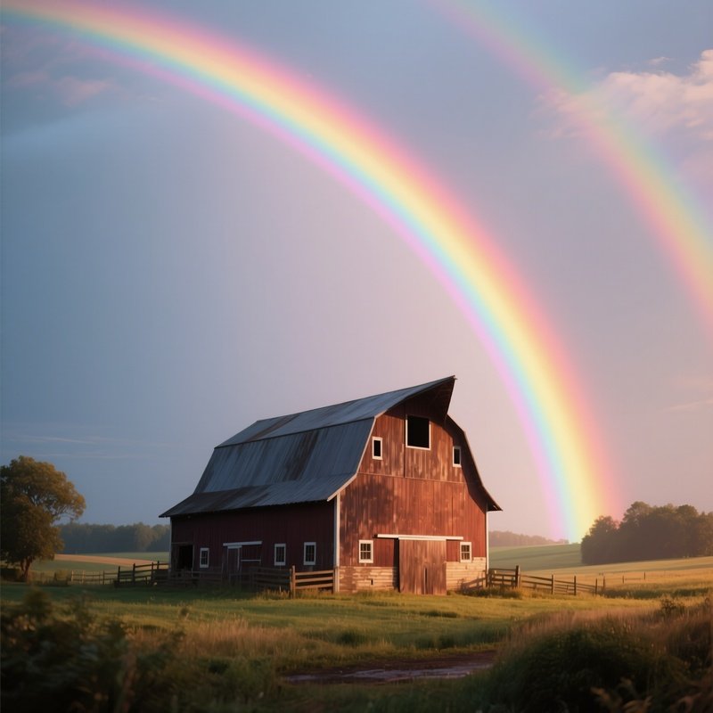 A Rainbow Glowing Over A Quiet Rural Barn
