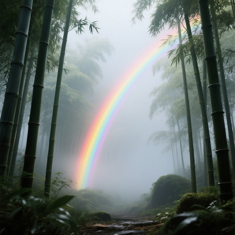A Rainbow Illuminating A Misty Bamboo Forest