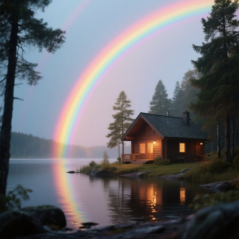 A Rainbow Illuminating A Quiet Lakeside Cabin