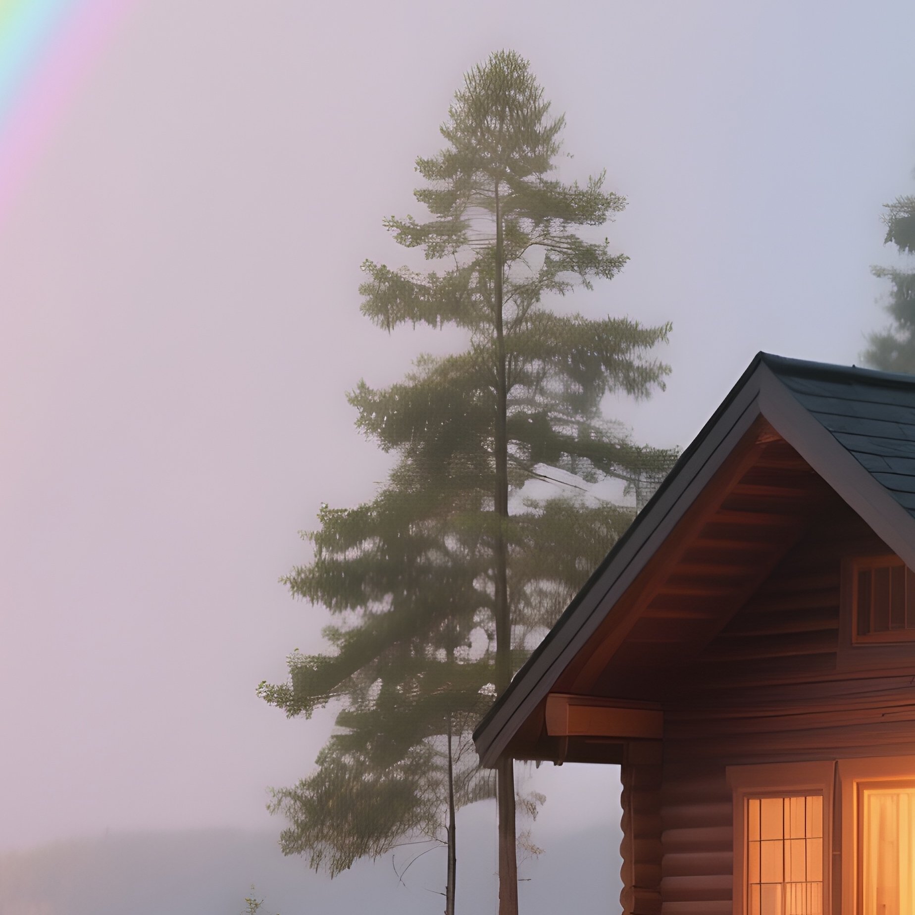 A Rainbow Illuminating A Quiet Lakeside Cabin - Full Resolution Quality Preview