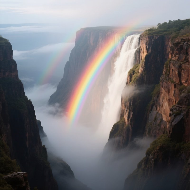 A Rainbow Illuminating The Mist Around A Canyon Cliff