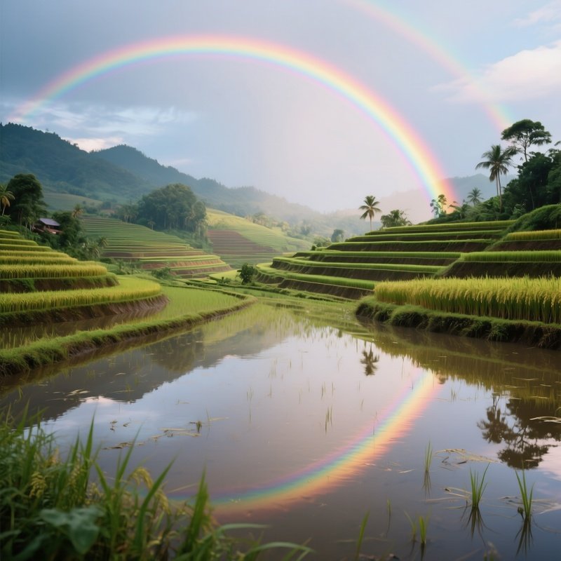A Rainbow Reflected Across A Flooded Rice Terrace