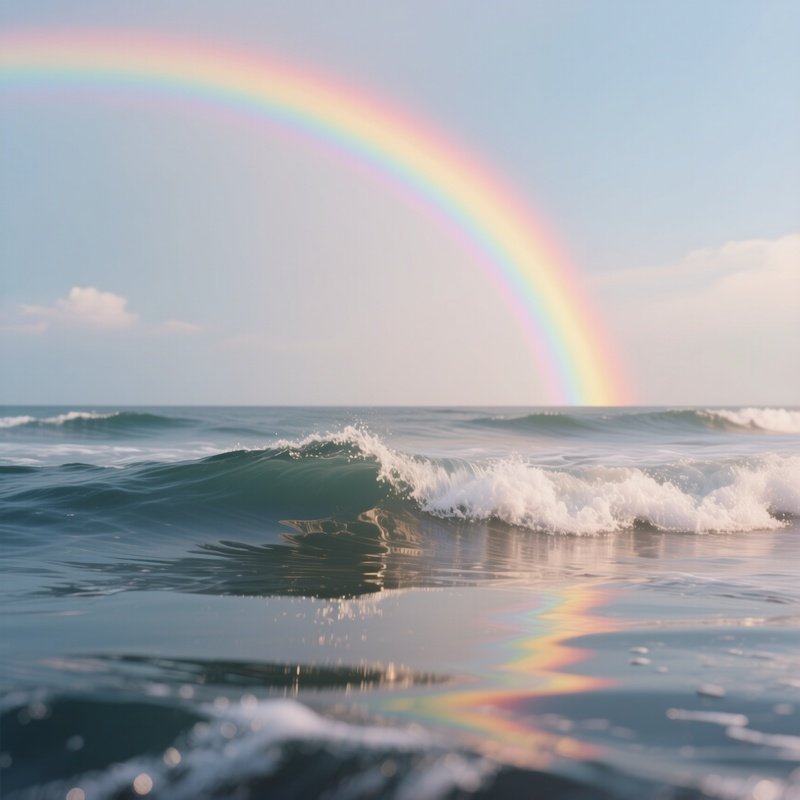 A Rainbow Reflected In Gentle Ocean Waves