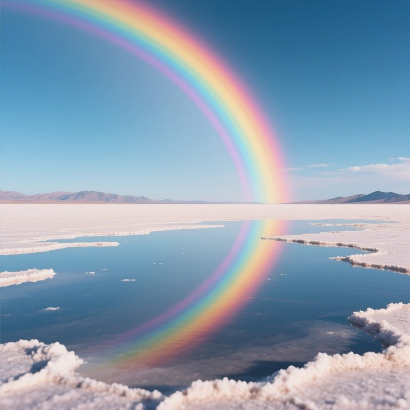 A Rainbow Reflected In The Mirrored Surface Of A Salt Flat