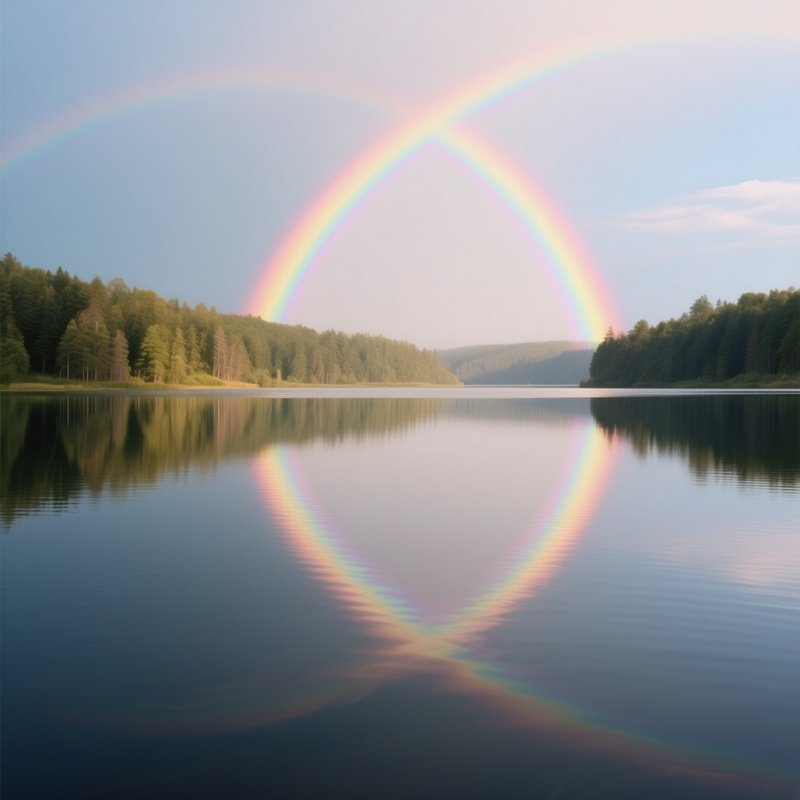 A Rainbow Reflected In The Smooth Surface Of A Quiet Lake