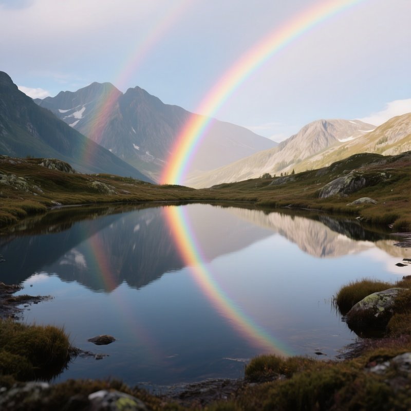 A Rainbow Reflected In The Smooth Surface Of Mountain Tarn