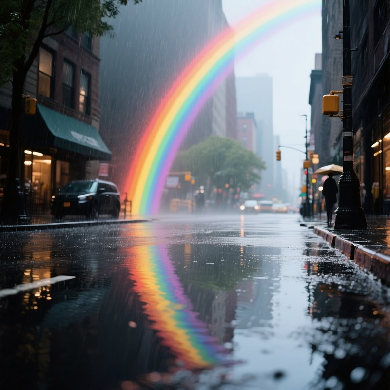 A Rainbow Reflecting In Wet City Streets After Rain