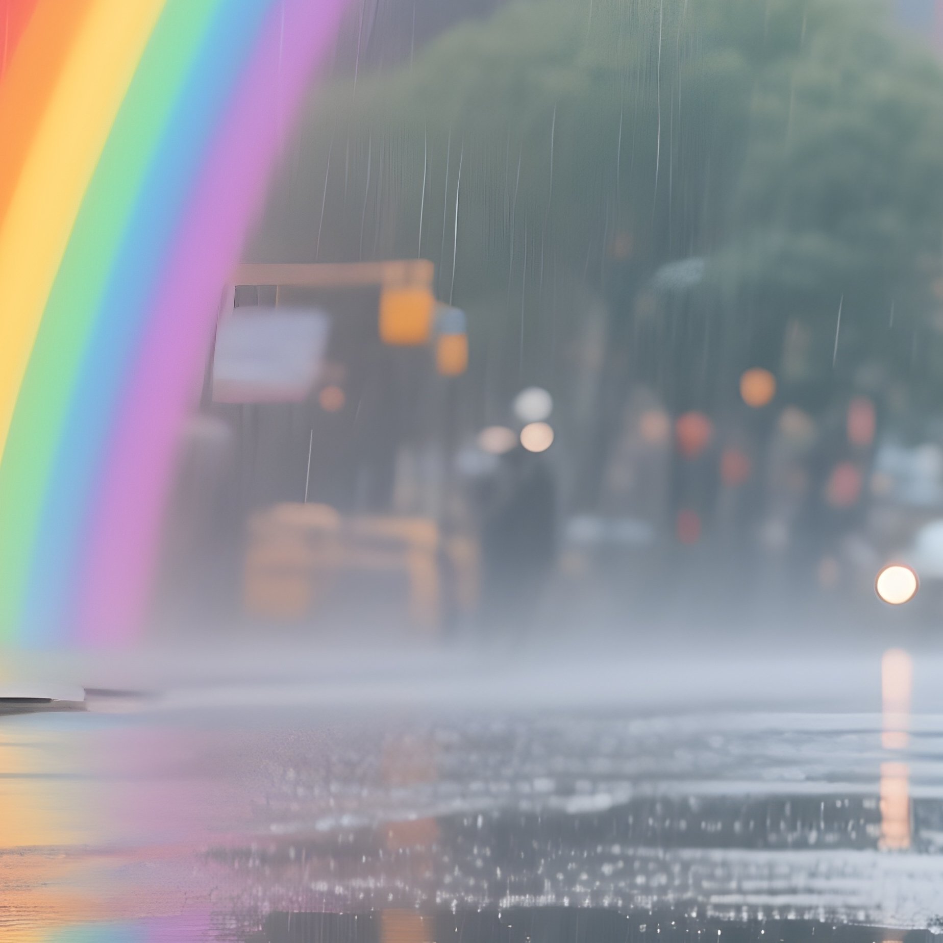 A Rainbow Reflecting In Wet City Streets After Rain - Full Resolution Quality Preview