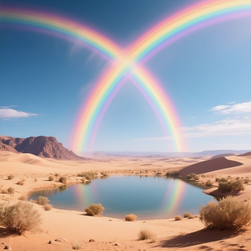 A Rainbow Rising Above A Desert Oasis