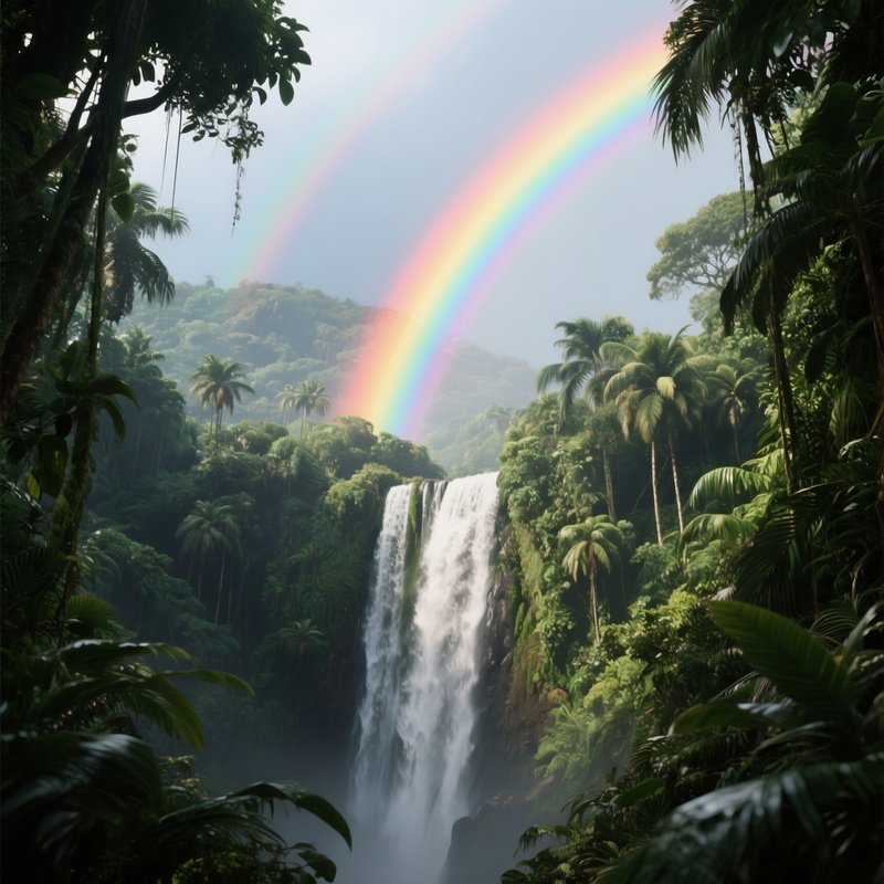 A Rainbow Rising Above A Tropical Waterfall In Dense Jungle