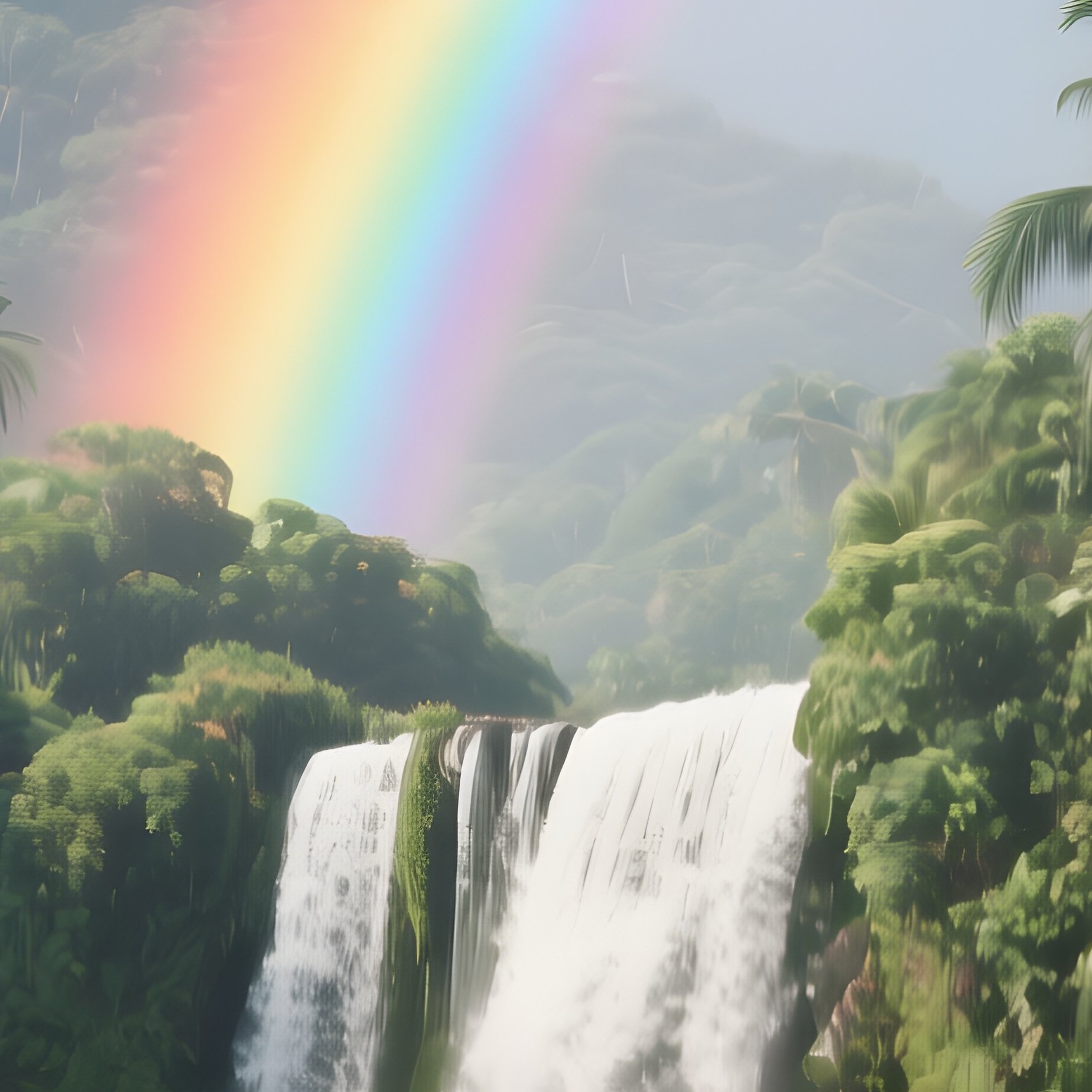 A Rainbow Rising Above A Tropical Waterfall In Dense Jungle - Full Resolution Quality Preview