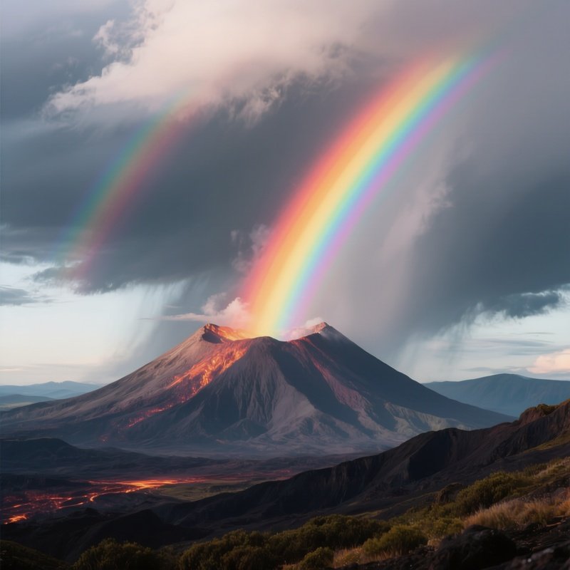 A Rainbow Rising Behind A Dramatic Volcanic Landscape
