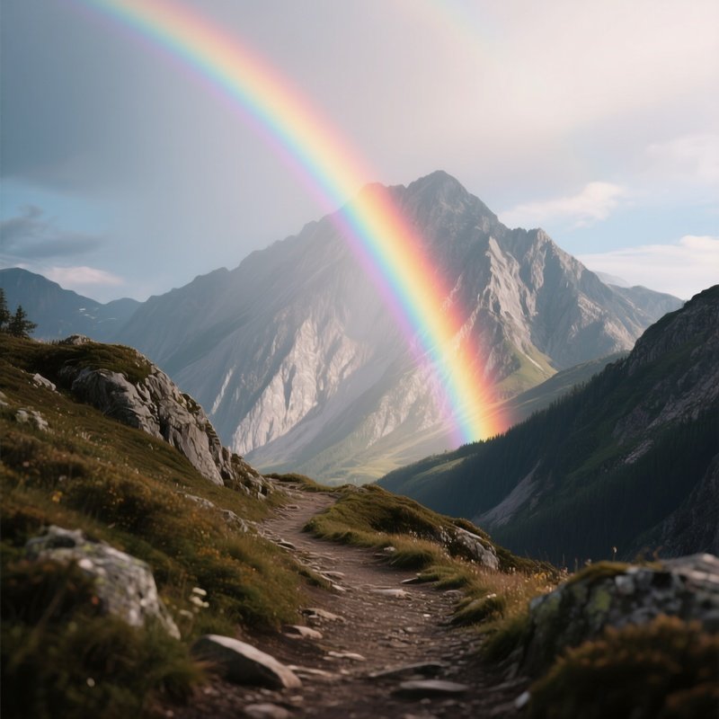 A Rainbow Rising Behind A Rugged Mountain Trail