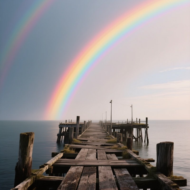 A Rainbow Rising Behind An Abandoned Wooden Pier
