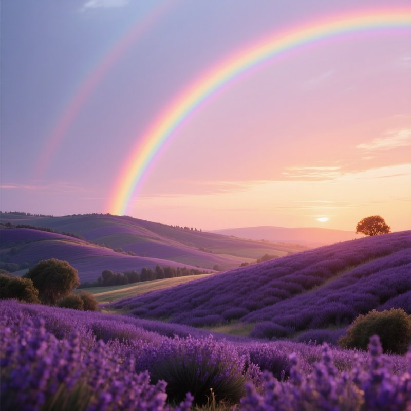 A Rainbow Rising Behind Lavender Covered Hills At Sunset