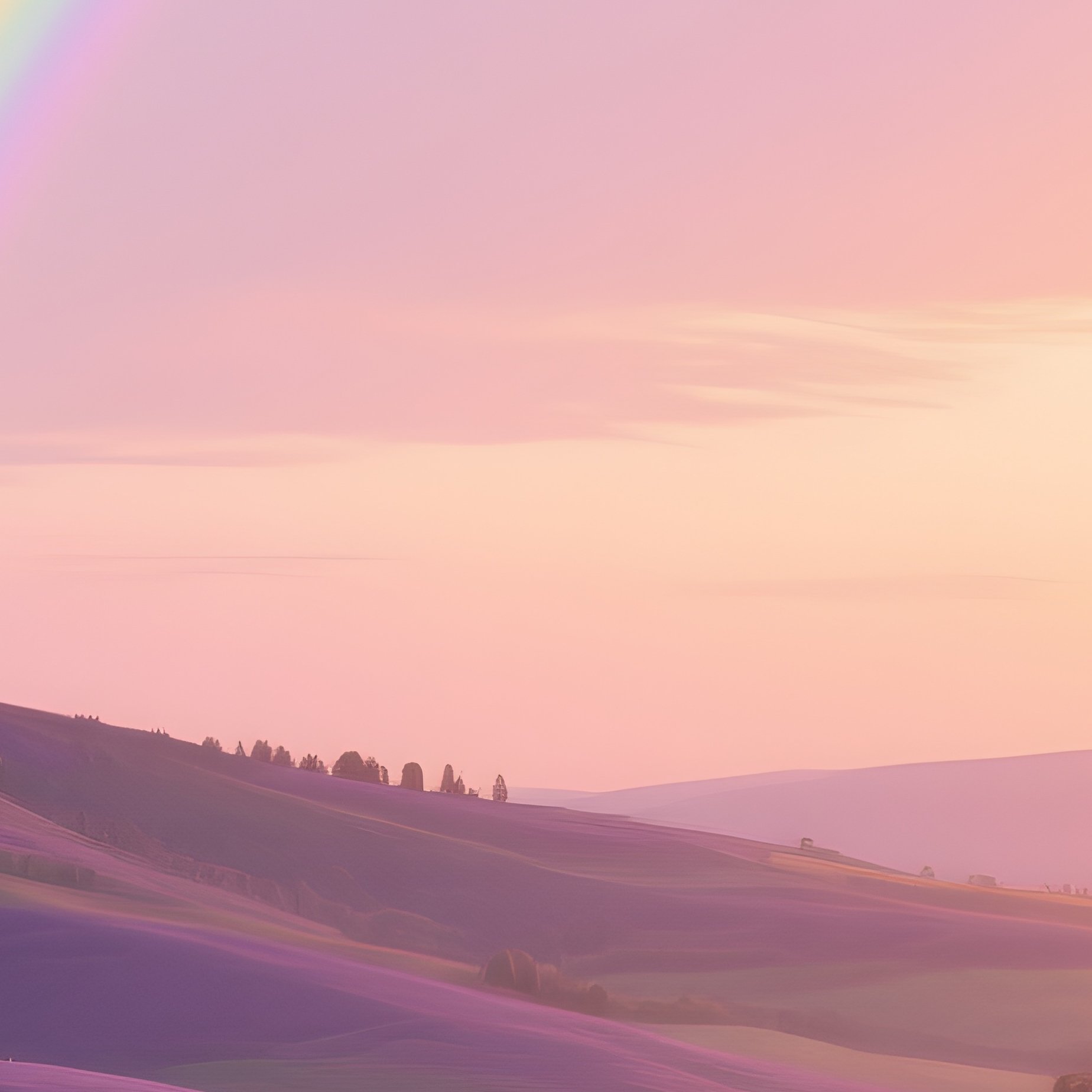 A Rainbow Rising Behind Lavender Covered Hills At Sunset - Full Resolution Quality Preview