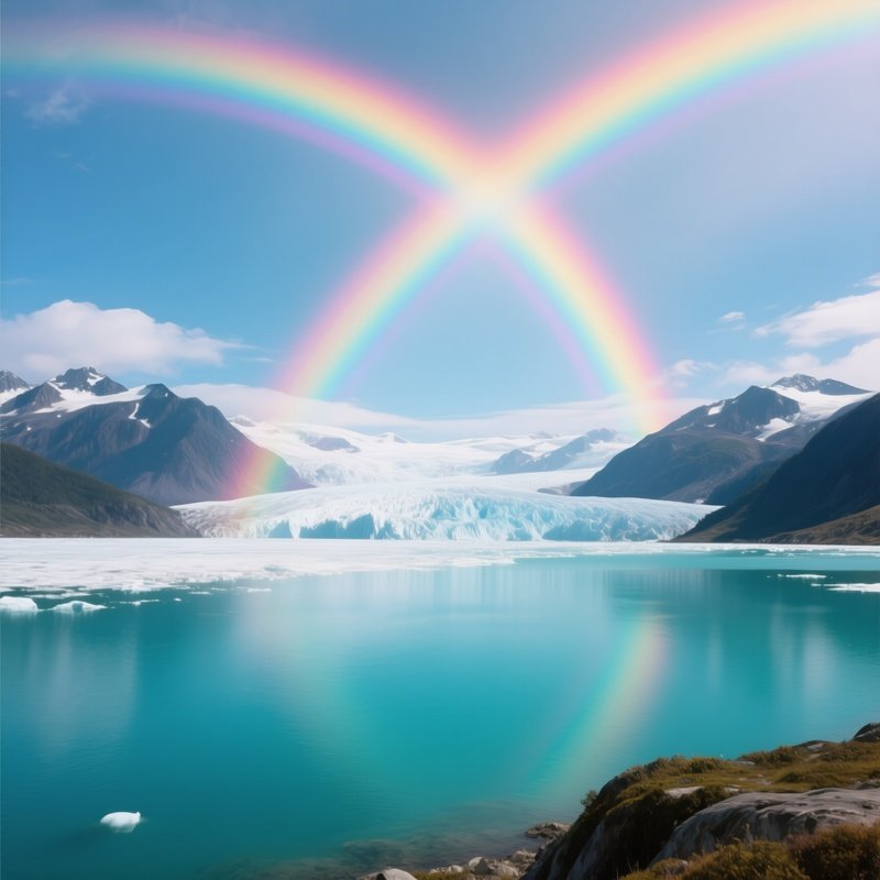 A Rainbow Shining Above A Glacier And Turquoise Lake