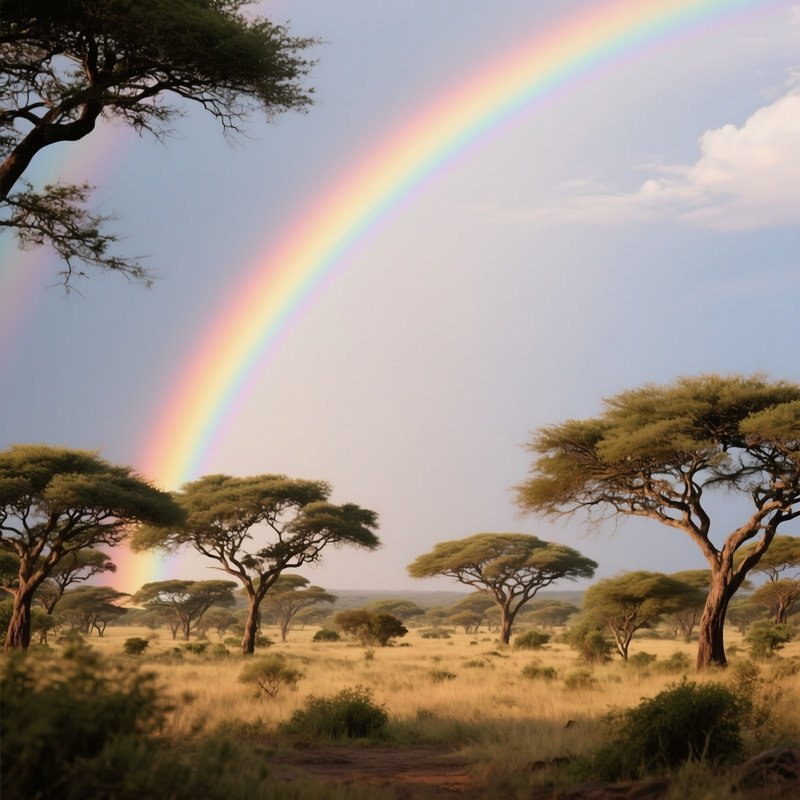 A Rainbow Shining Above A Savannah Filled With Acacia Trees