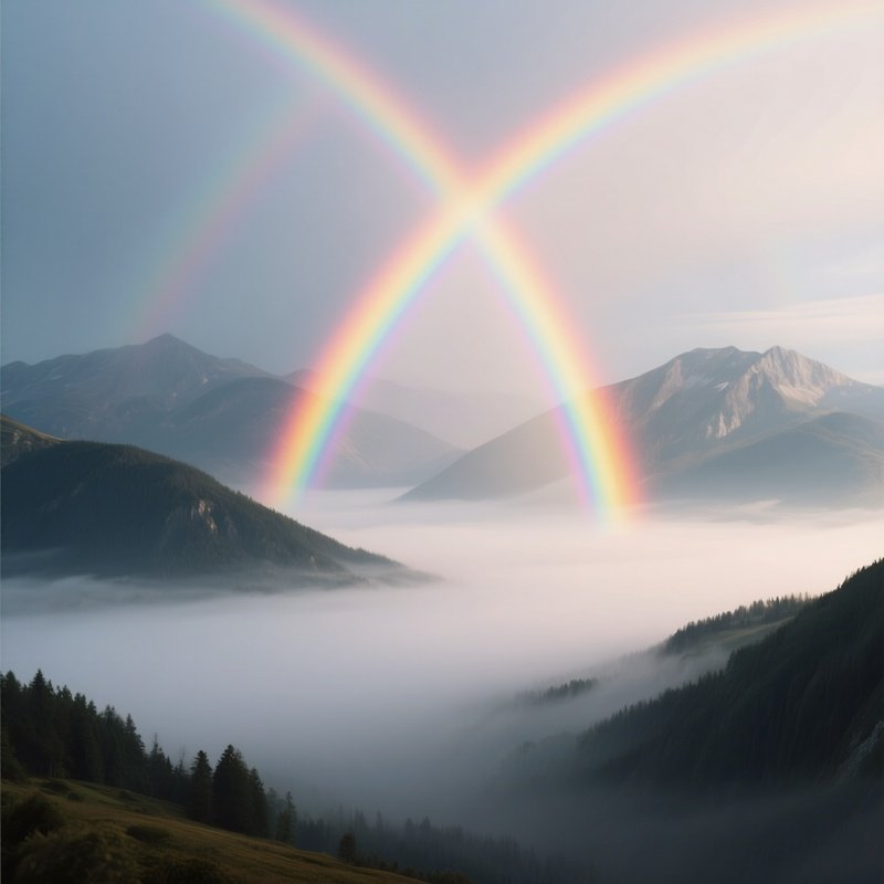 A Rainbow Shining Across A Still Mountain Fog Layer
