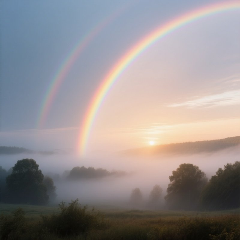 A Rainbow Shining Through Drifting Fog At Sunrise
