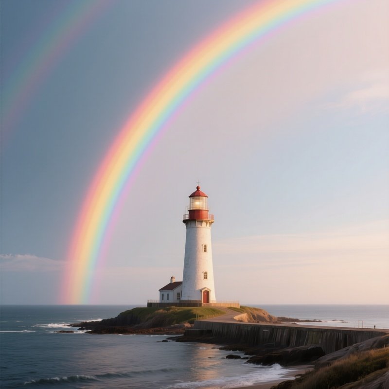 A Rainbow Stretching Above A Quiet Coastal Lighthouse