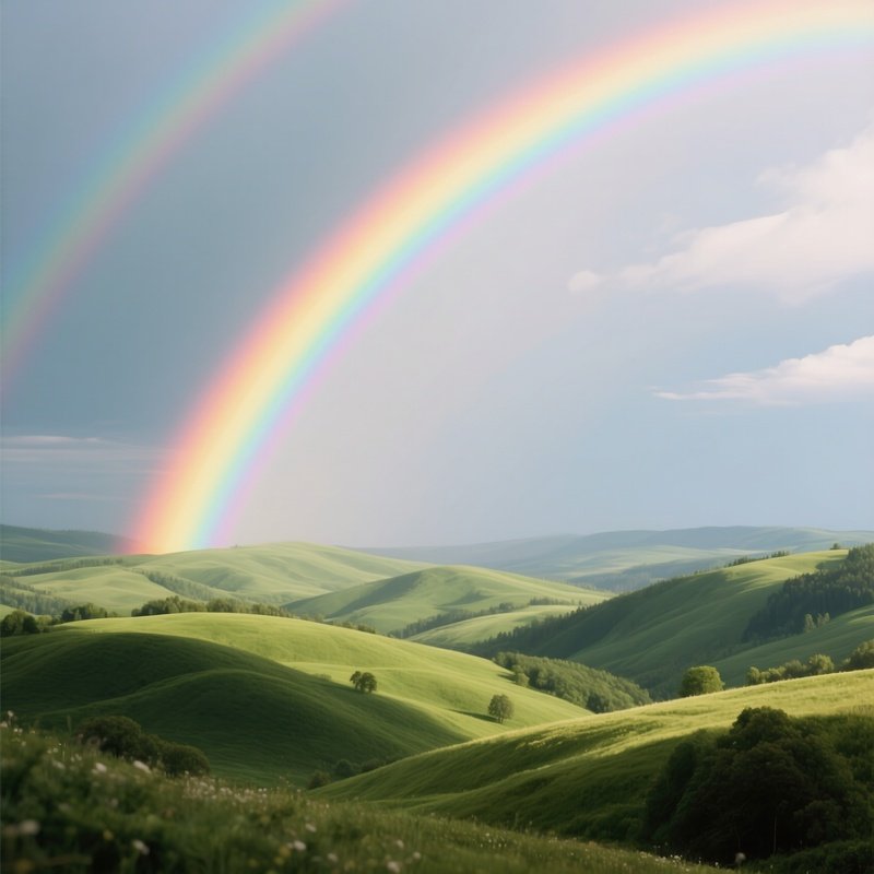 A Rainbow Stretching Above Green Rolling Hills