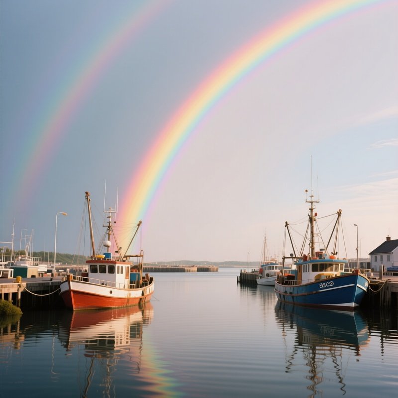 A Rainbow Stretching Over A Calm Harbor With Fishing Boats