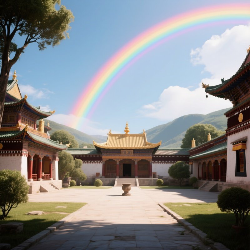 A Rainbow Stretching Over A Peaceful Monastery Courtyard
