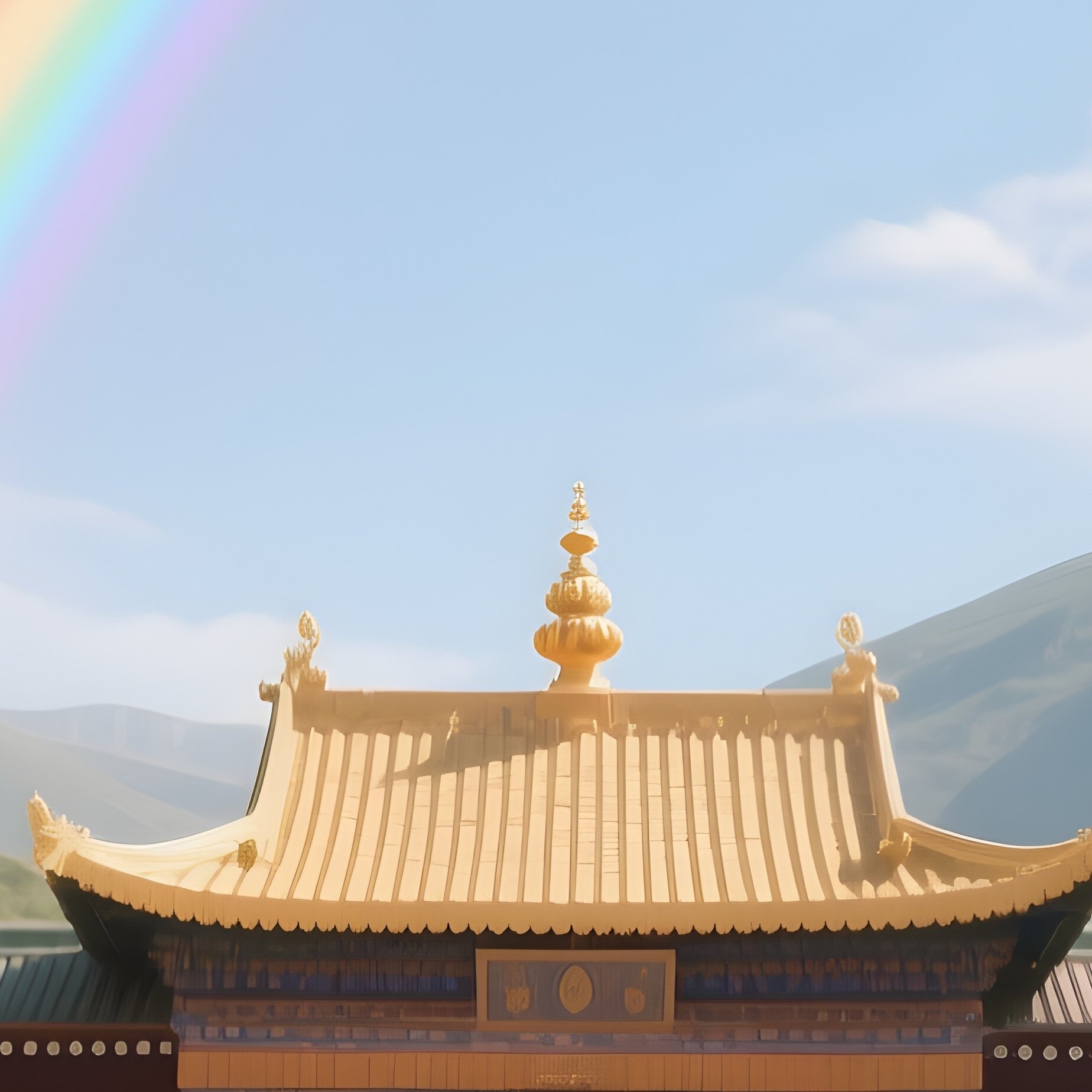 A Rainbow Stretching Over A Peaceful Monastery Courtyard - Full Resolution Quality Preview