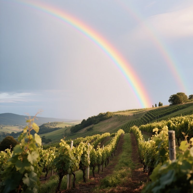 A Rainbow Stretching Over A Vineyard On A Hillside