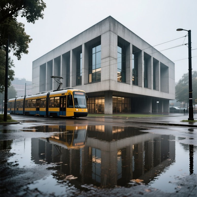 A Rainy Afternoon At A Concrete Cultural Center With Bold Rectangular Windows, Puddles Rippling