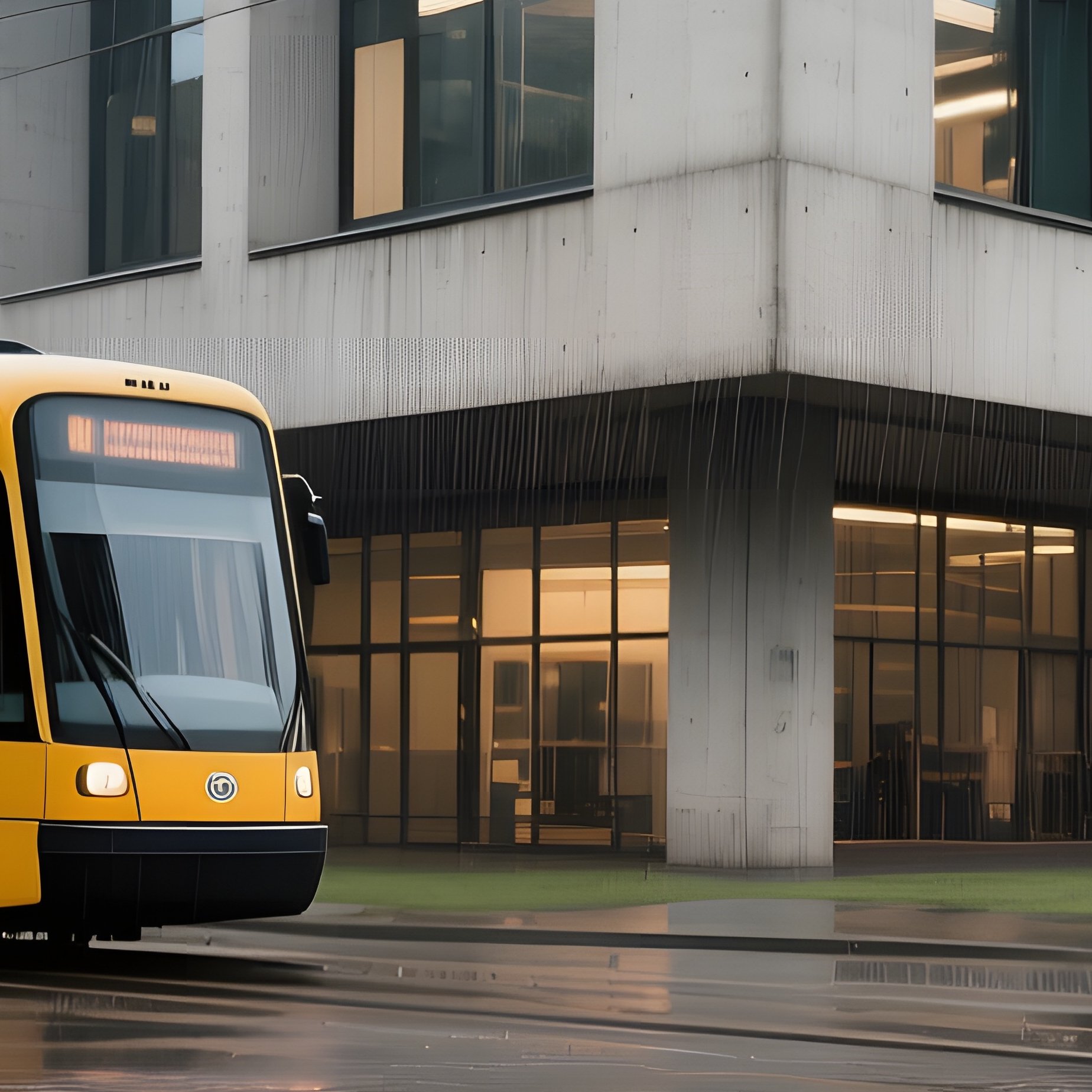 A Rainy Afternoon At A Concrete Cultural Center With Bold Rectangular Windows, Puddles Rippling - Full Resolution Quality Preview