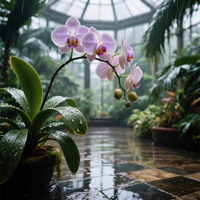 A Rainy Afternoon In A Botanical Conservatory, Water Droplets Clinging To Large Tropical Orchids,