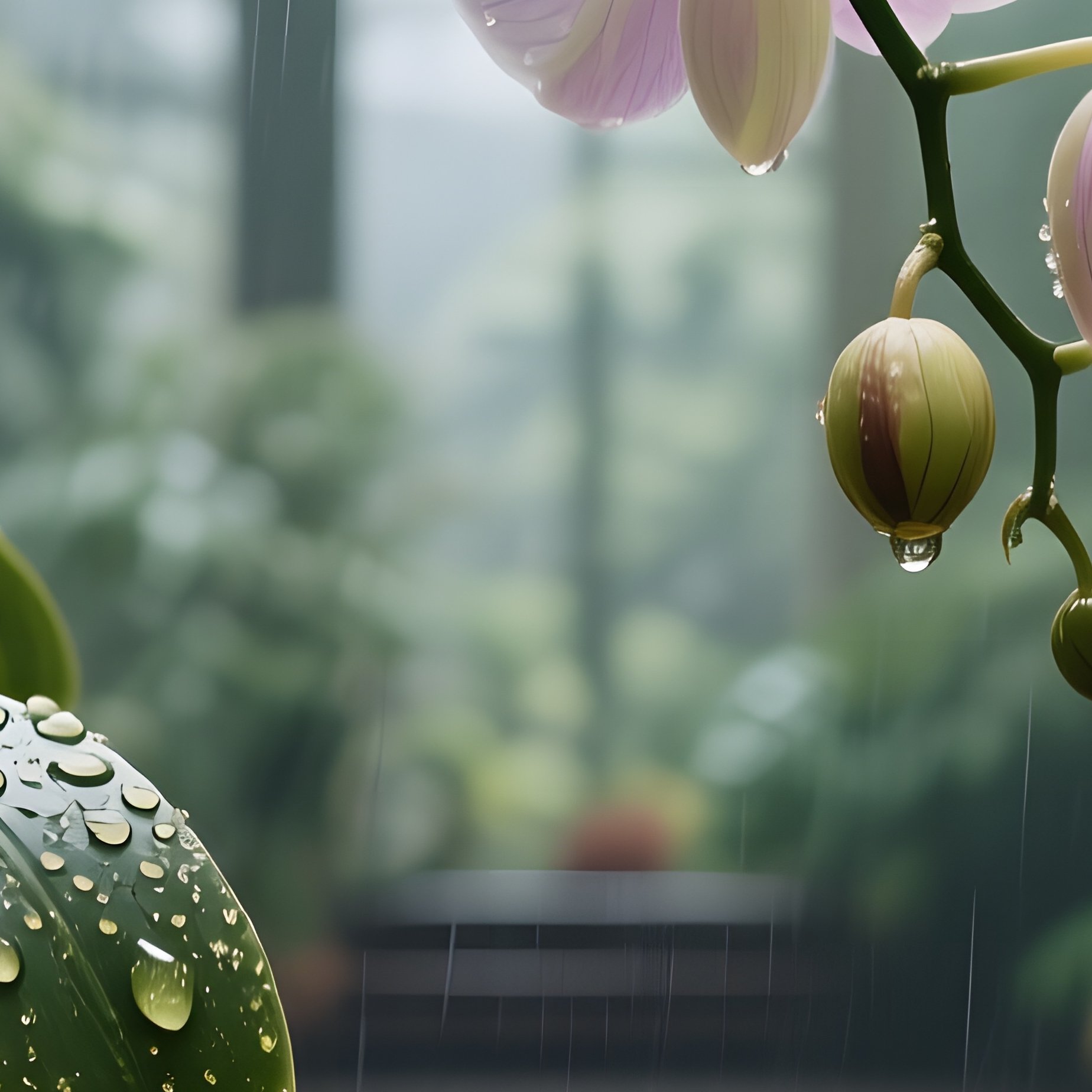 A Rainy Afternoon In A Botanical Conservatory, Water Droplets Clinging To Large Tropical Orchids, - Full Resolution Quality Preview
