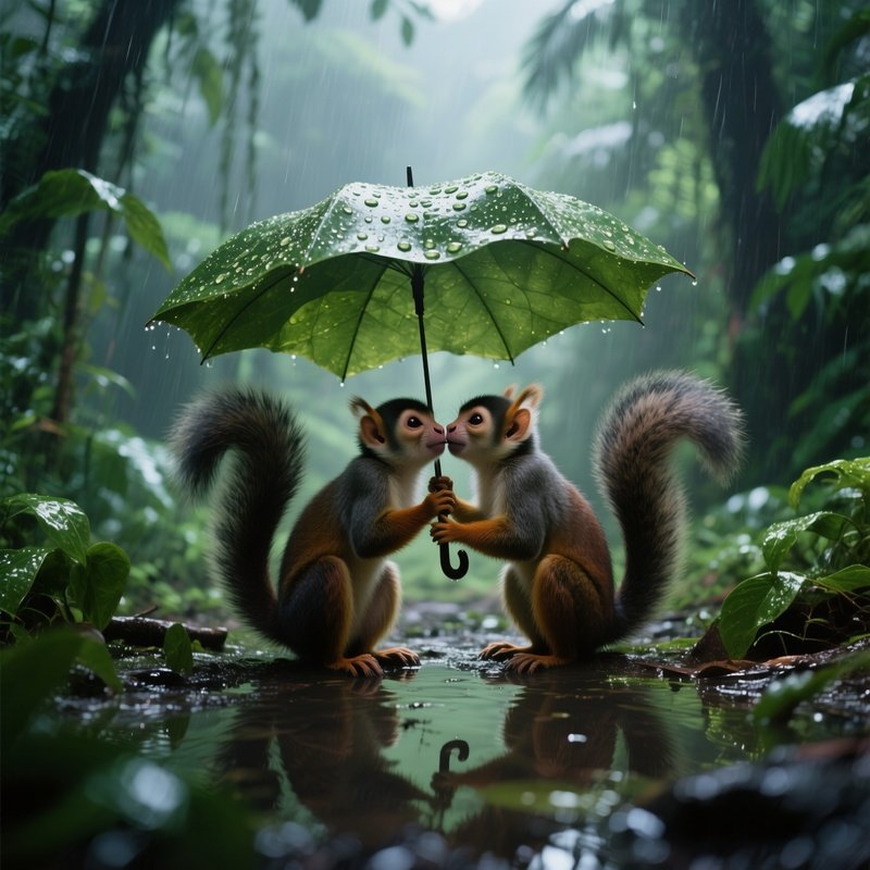 A Rainy Afternoon In A Dense Jungle Clearing, Droplets Glistening On Leaves As Two Squirrel Monkeys