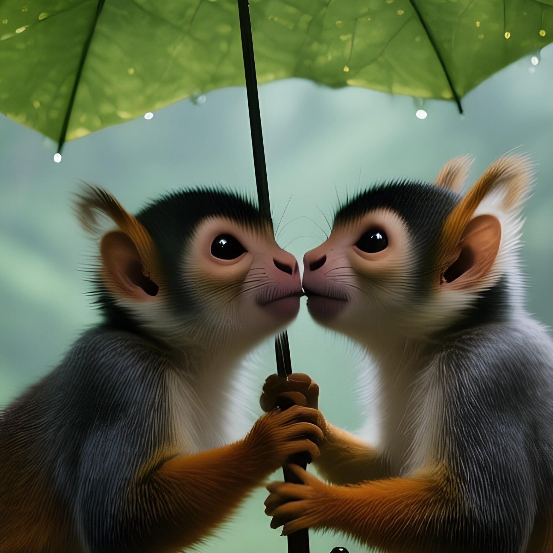 A Rainy Afternoon In A Dense Jungle Clearing, Droplets Glistening On Leaves As Two Squirrel Monkeys - Full Resolution Quality Preview