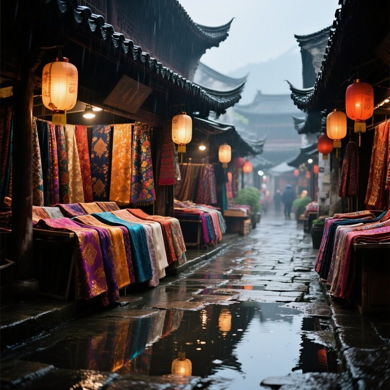 A Rainy Afternoon In A Historic Chinese Silk Market, Silk Fabrics Glistening, Lanterns Reflecting