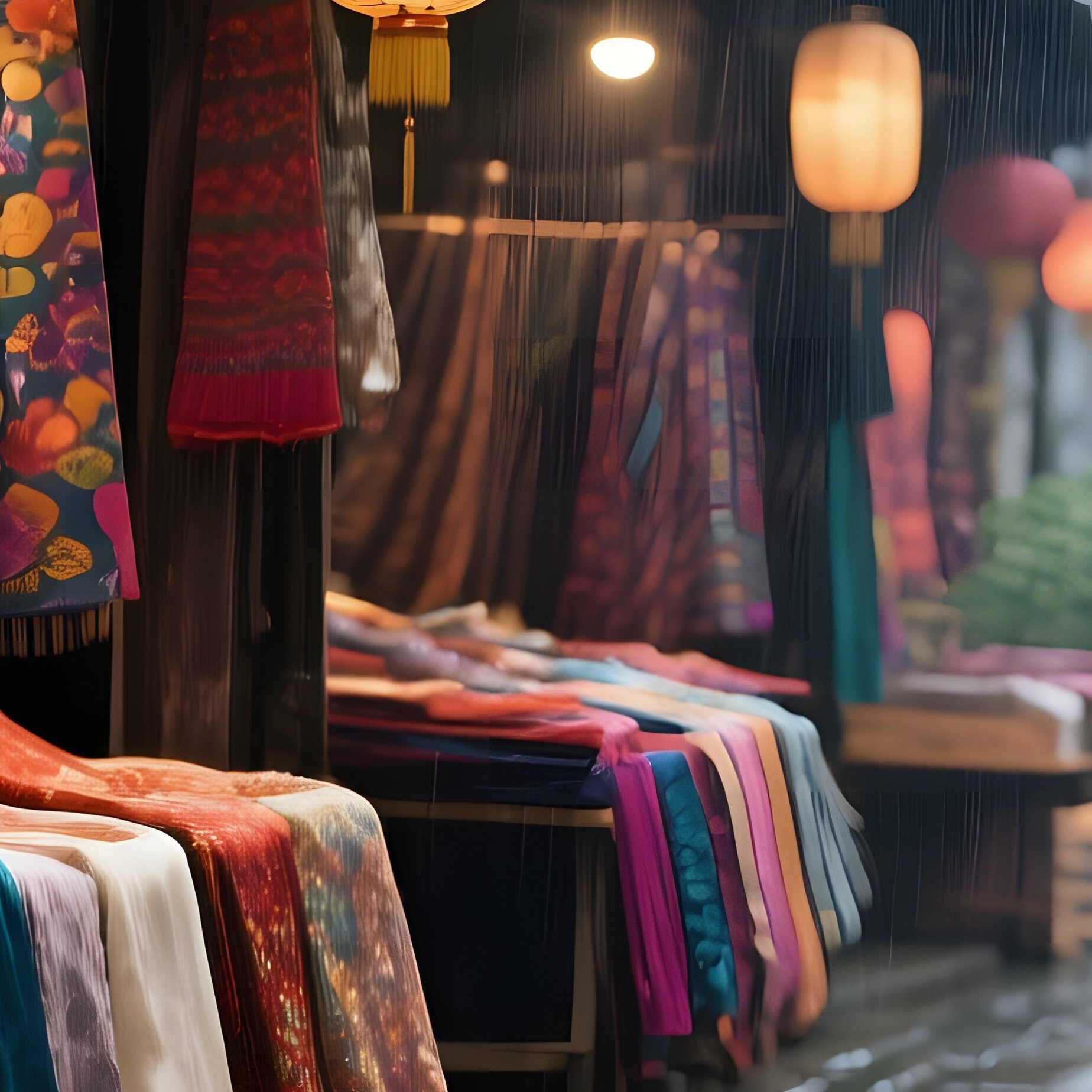A Rainy Afternoon In A Historic Chinese Silk Market, Silk Fabrics Glistening, Lanterns Reflecting - Full Resolution Quality Preview