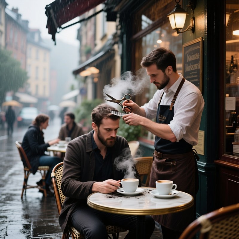 A Rainy Afternoon In A Small European Café, Patrons Sipping Coffee; A Man At A Corner Table Gets A